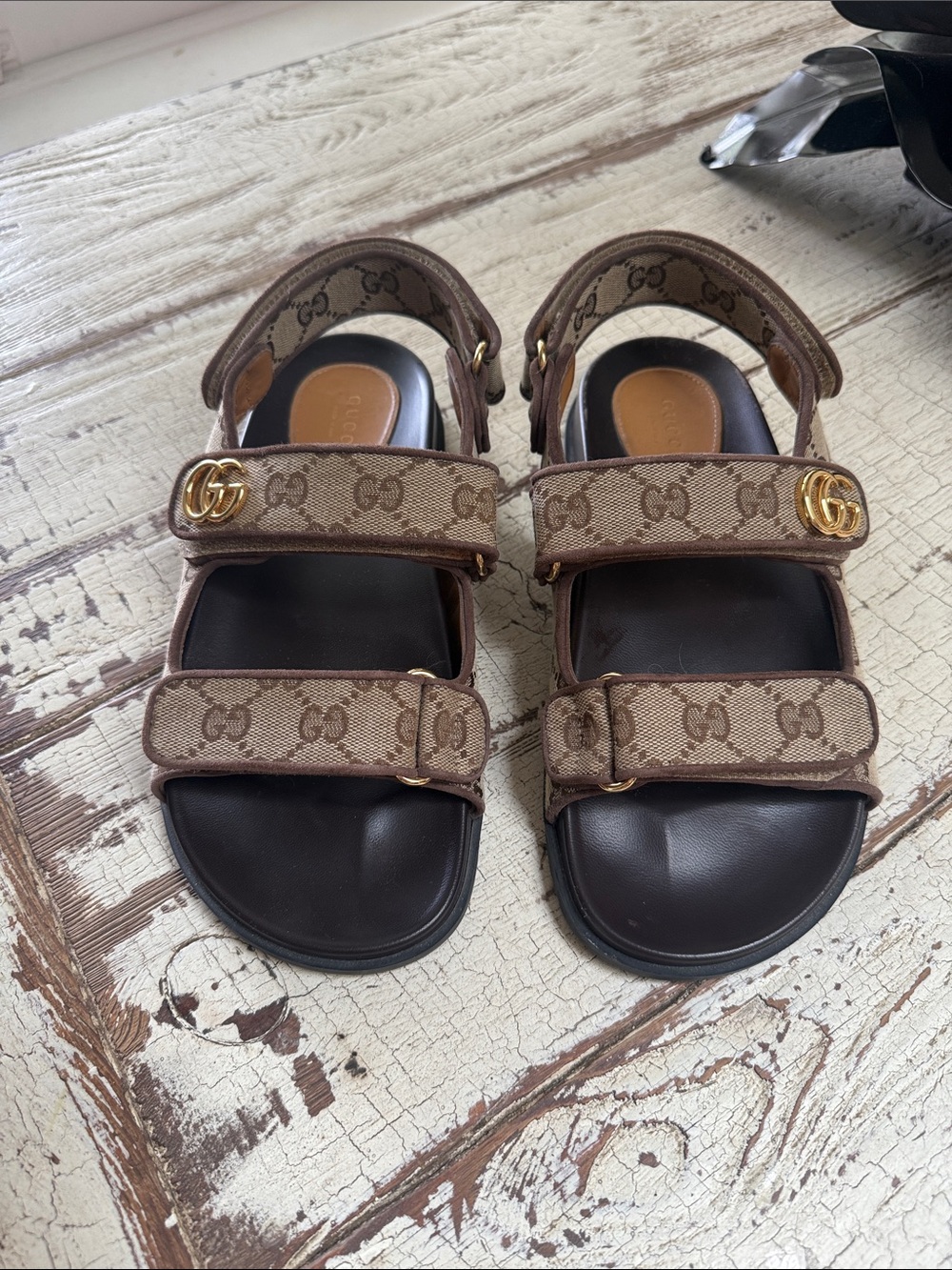 Gucci Brown GG Canvas Double Strap Sandals